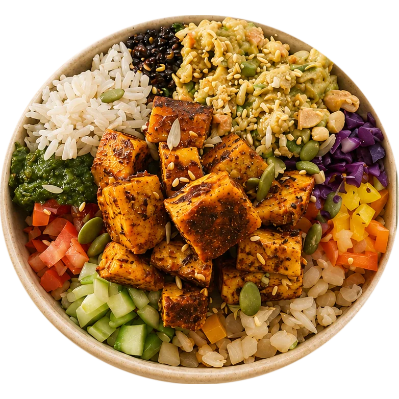 Guacamole Bliss Bowl with spiced protein cubes, guacamole, rice, purple cabbage, peppers and cucumber
