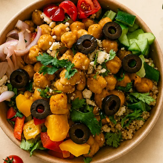 Mediterranean Protein Bowl with roasted chickpeas, black olives, feta, peppers, cucumber and cherry tomatoes