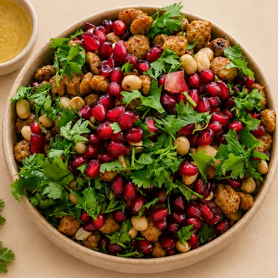 Sprouts & Soya Protein Bowl heaped with pomegranate, soya chunks and fresh coriander