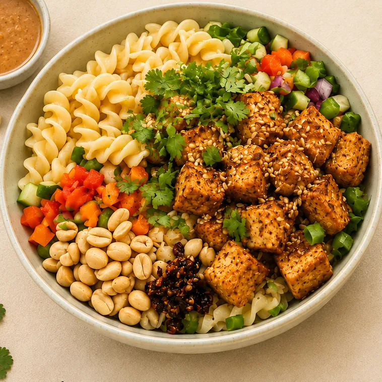 Thai Crunch Pasta Salad with wheat fusilli, soy-marinated paneer cubes, peanuts and chopped vegetables